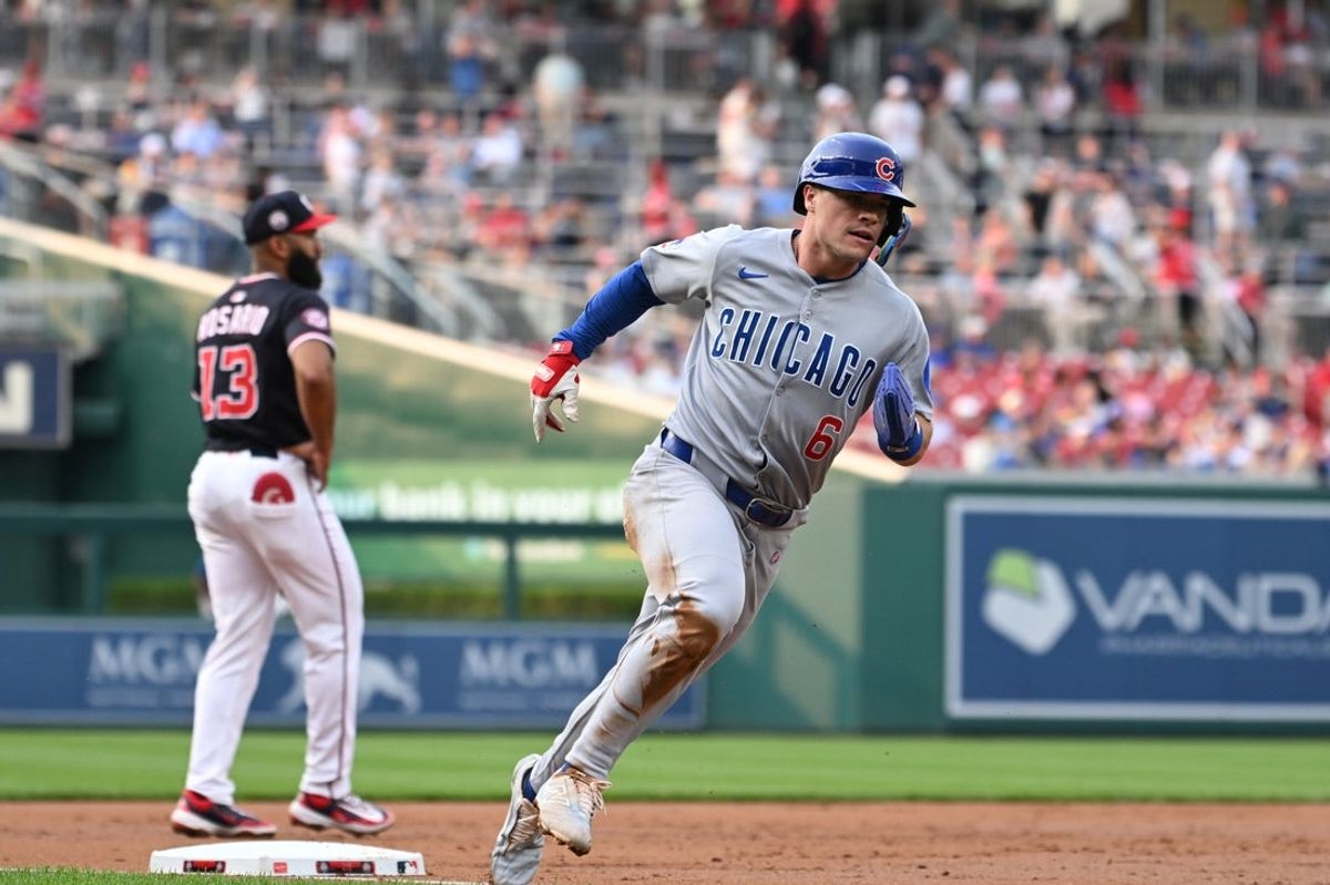 Jun 5, 2025; Washington, District of Columbia, USA; Chicago Cubs third baseman Matt Shaw (6) rounds third base to score a run during the second inning against the Washington Nationals at Nationals Park. Mandatory Credit: Rafael Suanes-Imagn Images
