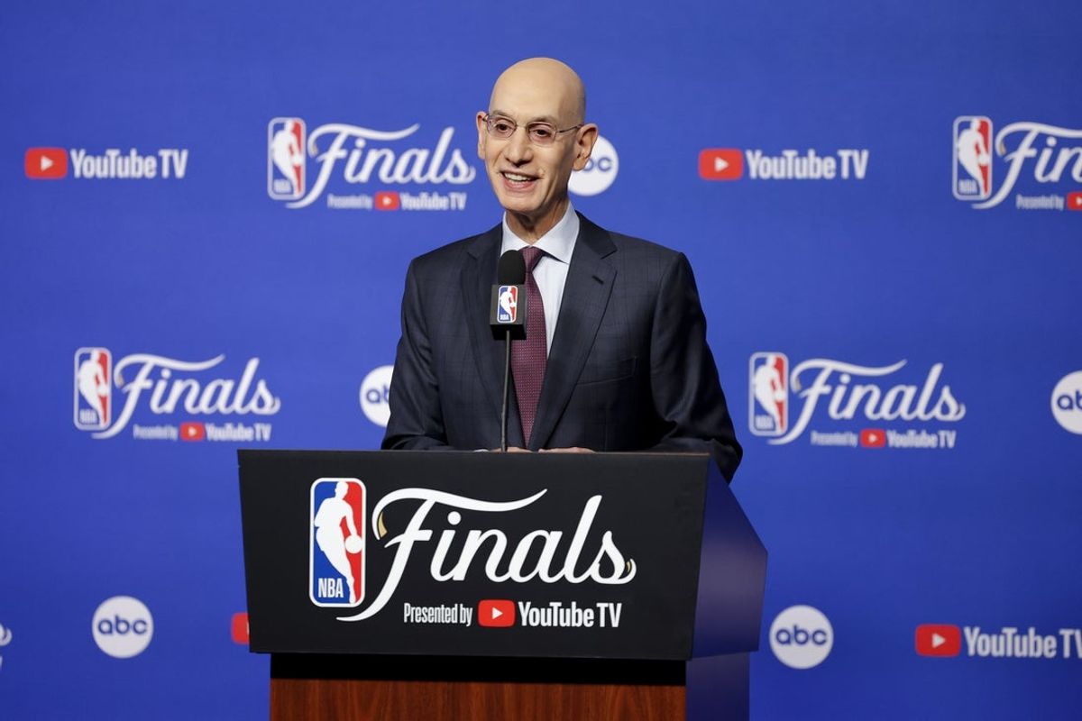 Jun 5, 2025; Oklahoma City, Oklahoma, USA; NBA commissioner Adam Silver speaks to the media before game one between the Oklahoma City Thunder and the Indiana Pacers in the 2025 NBA Finals at Paycom Center. Mandatory Credit: Alonzo Adams-Imagn Images