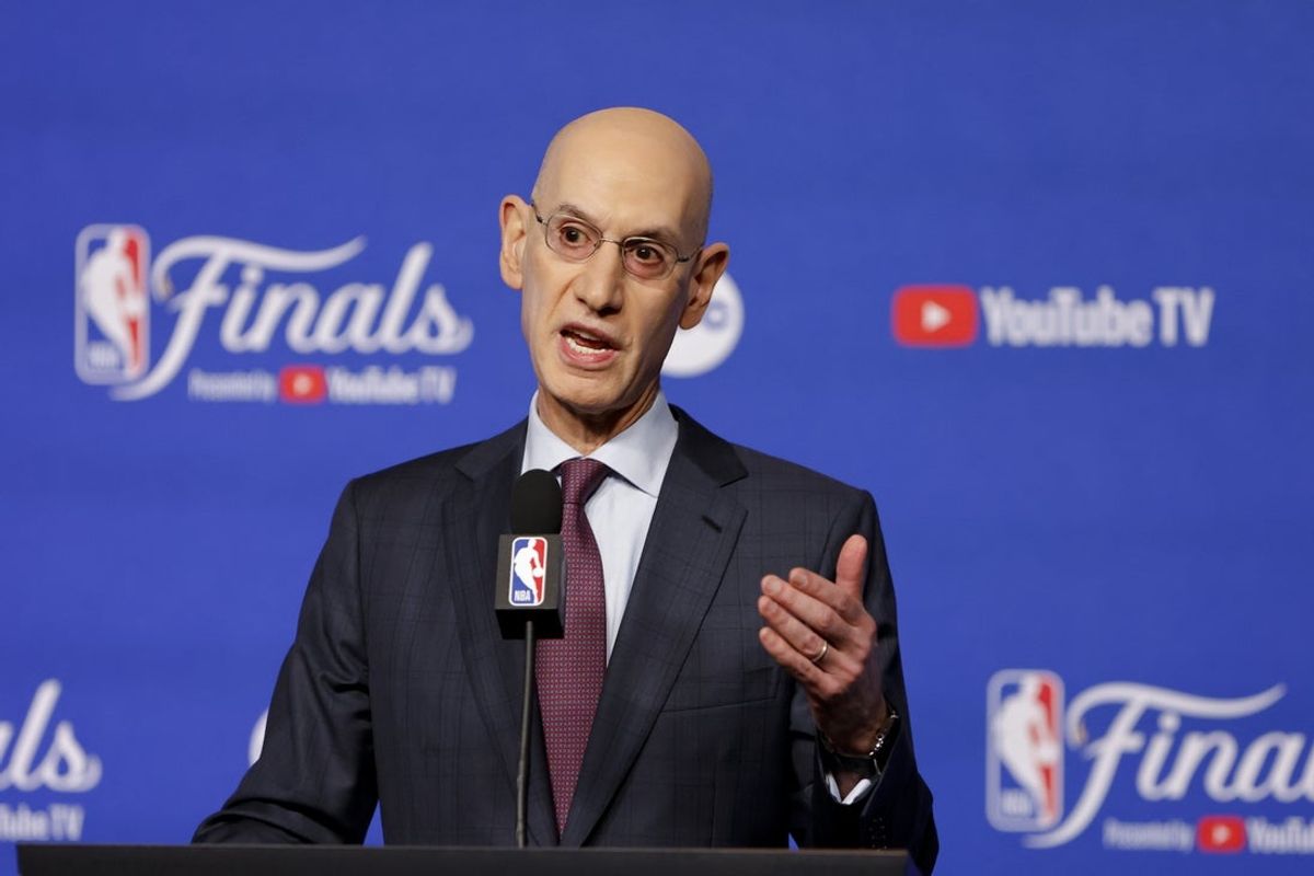 Jun 5, 2025; Oklahoma City, Oklahoma, USA; NBA commissioner Adam Silver speaks to the media before game one between the Oklahoma City Thunder and the Indiana Pacers in the 2025 NBA Finals at Paycom Center. Mandatory Credit: Alonzo Adams-Imagn Images