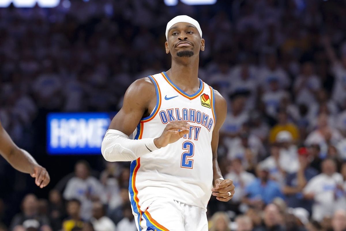Jun 5, 2025; Oklahoma City, Oklahoma, USA; Oklahoma City Thunder guard Shai Gilgeous-Alexander (2) reacts to making a basket against the Indiana Pacers during the third quarter during game one of the 2025 NBA Finals at Paycom Center. Mandatory Credit: Alonzo Adams-Imagn Images