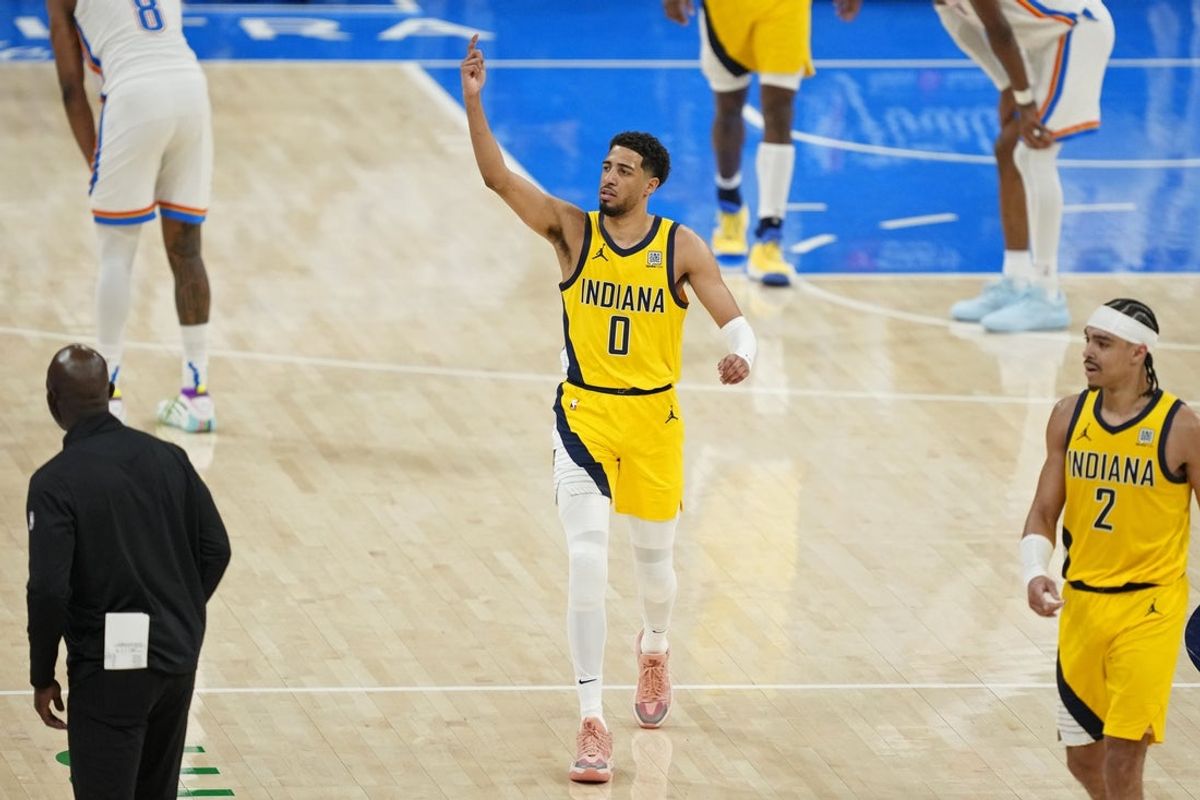 Jun 5, 2025; Oklahoma City, Oklahoma, USA; Indiana Pacers guard Tyrese Haliburton (0) reacts after a play against the Oklahoma City Thunder during the fourth quarter in game one of the 2025 NBA Finals at Paycom Center. Mandatory Credit: Kyle Terada-Imagn Images