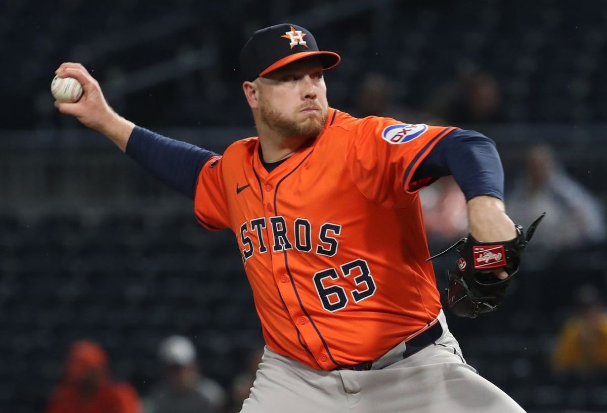 Jun 5, 2025; Pittsburgh, Pennsylvania, USA;  Houston Astros relief pitcher Kaleb Ort (63) pitches against the Pittsburgh Pirates during the ninth inning at PNC Park. Mandatory Credit: Charles LeClaire-Imagn Images