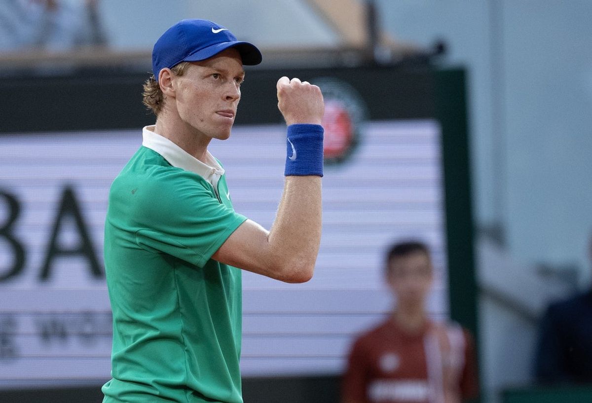 Jun 6, 2025; Paris, FR;  Jannik Sinner of Italy reacts to a point during his match against Novak Djokovic of Serbia on day 13 at Roland Garros Stadium. Mandatory Credit: Susan Mullane-Imagn Images