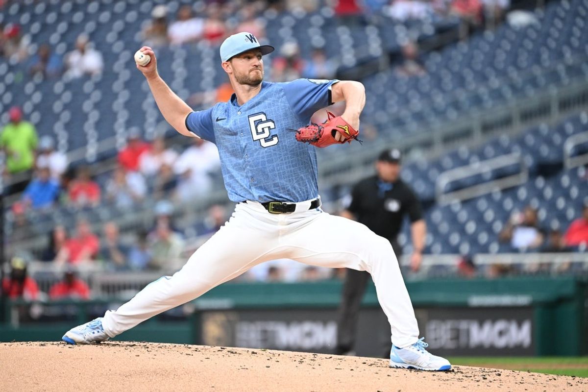 Jun 6, 2025; Washington, District of Columbia, USA; Washington Nationals starting pitcher Michael Soroka (34) throws a pitch during the second inning against the Texas Rangers at Nationals Park. Mandatory Credit: Rafael Suanes-Imagn Images