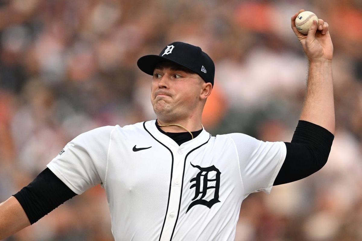 Jun 6, 2025; Detroit, Michigan, USA;  Detroit Tigers starting pitcher Tarik Skubal (29) throws a pitch against the Chicago Cubs in the second inning at Comerica Park. Mandatory Credit: Lon Horwedel-Imagn Images