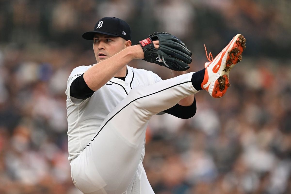 Jun 6, 2025; Detroit, Michigan, USA;  Detroit Tigers starting pitcher Tarik Skubal (29) throws a pitch against the Chicago Cubs in the third inning at Comerica Park. Mandatory Credit: Lon Horwedel-Imagn Images