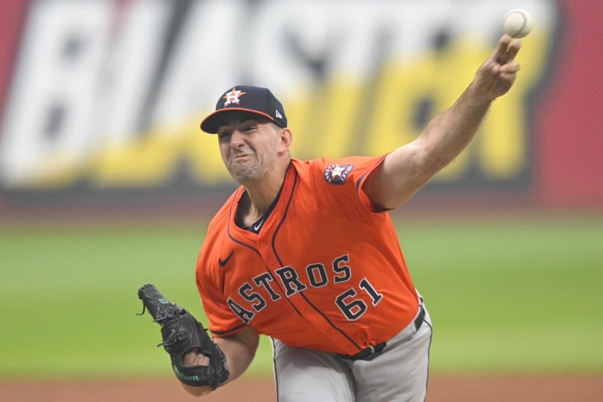 Jun 6, 2025; Cleveland, Ohio, USA; Houston Astros starting pitcher Colton Gordon (61) delivers a pitch in the second inning against the Cleveland Guardians at Progressive Field. Mandatory Credit: David Richard-Imagn Images