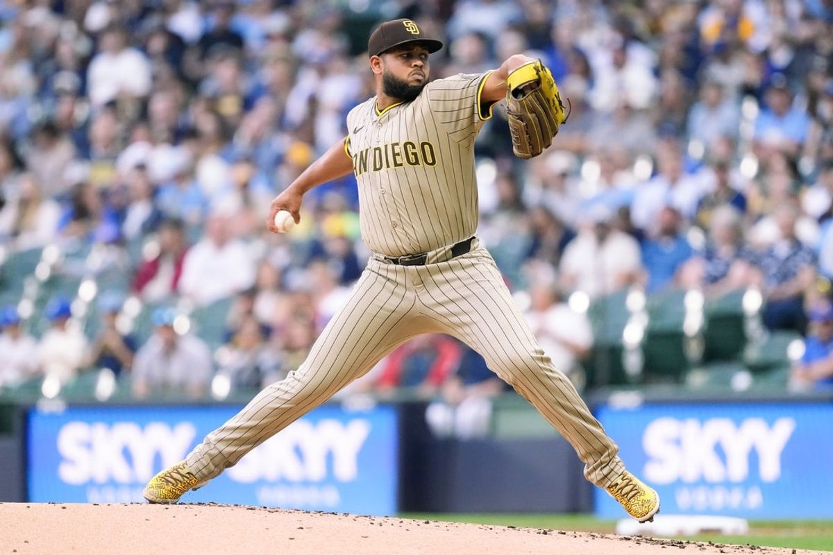 Jun 6, 2025; Milwaukee, Wisconsin, USA;  San Diego Padres pitcher Randy Vasquez (98) throws a pitch during the first inning against the Milwaukee Brewers at American Family Field. Mandatory Credit: Jeff Hanisch-Imagn Images