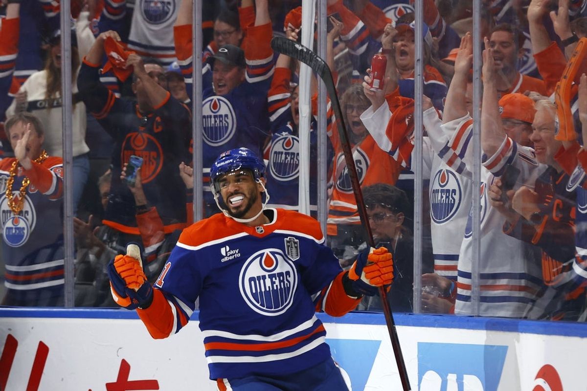 Jun 6, 2025; Edmonton, Alberta, CAN; Edmonton Oilers left wing Evander Kane (91) reacts after scoring a goal against the Florida Panthers during the first period in game two of the 2025 Stanley Cup Final at Rogers Place. Mandatory Credit: Perry Nelson-Imagn Images