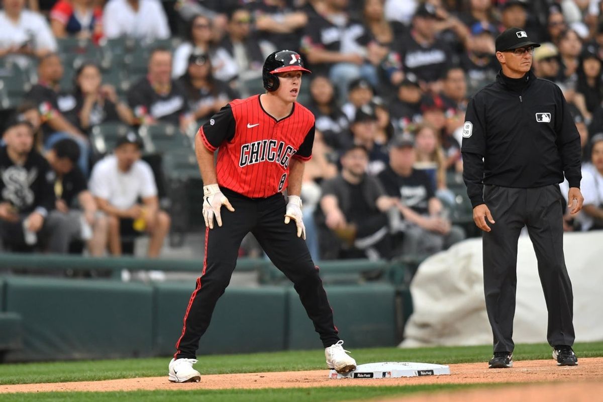 Jun 6, 2025; Chicago, Illinois, USA; Chicago White Sox catcher Kyle Teel (8) leads off of third base during the second inning against the Kansas City Royals at Rate Field. Mandatory Credit: Patrick Gorski-Imagn Images