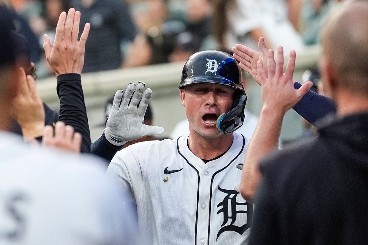 Detroit Tigers first baseman Spencer Torkelson (20) celebrates batting a solo home run against Chicago Cubs during the sixth inning at Comerica Park in Detroit on Friday, June 6, 2025.