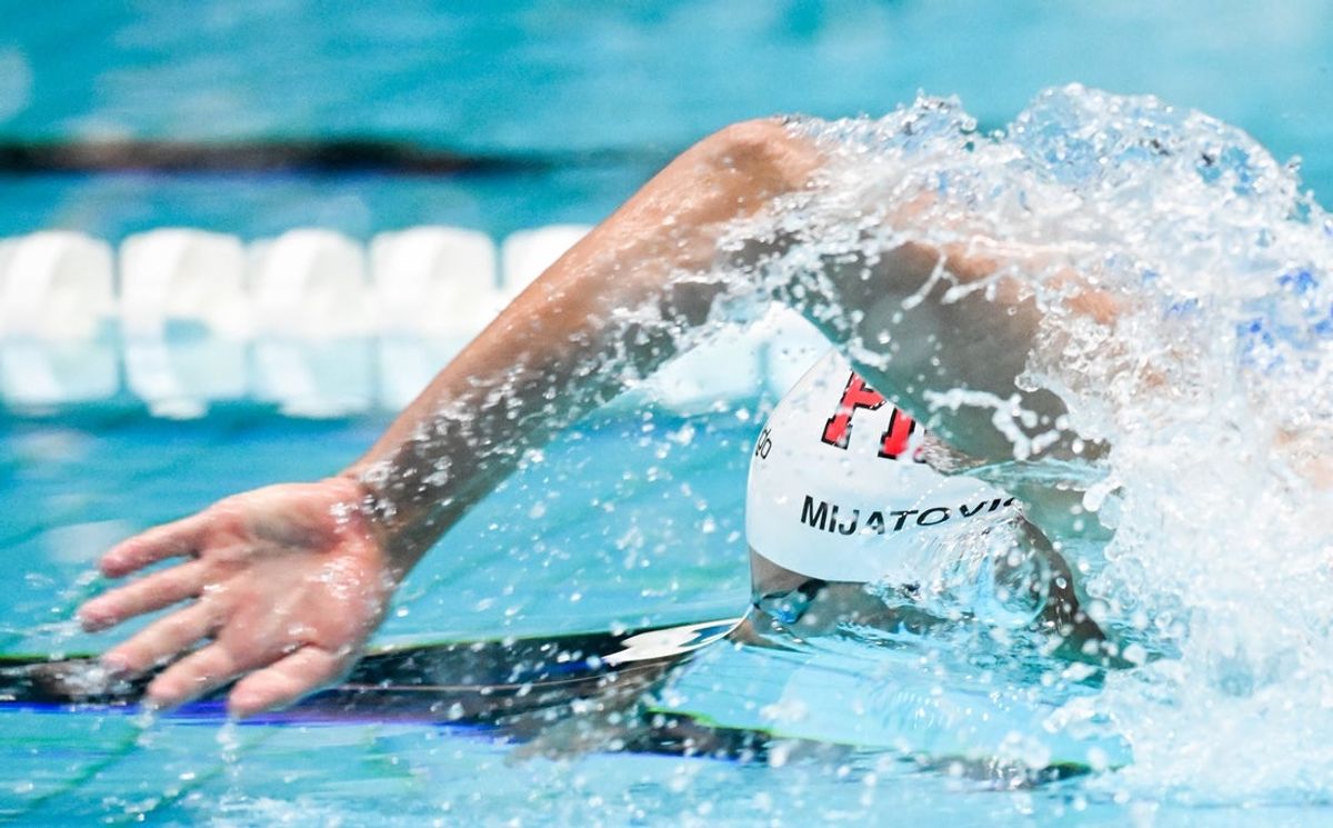 Jun 6, 2025; Indianapolis, Indiana, UNITED STATES; Luka Mijatovic swims in the men’s 400 meter freestyle at the Toyota National Championships swimming meet at Indiana University Natatorium. Mandatory Credit: Robert Goddin-Imagn Images