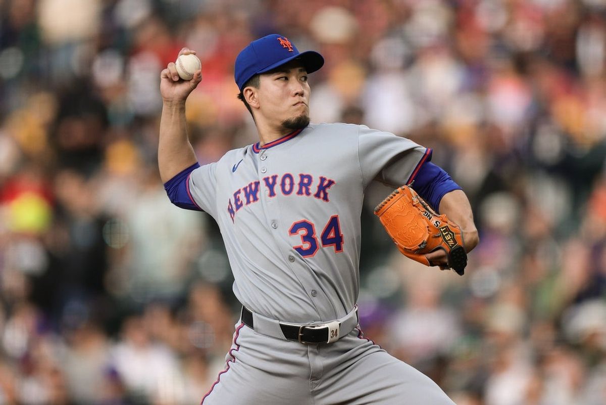 Jun 6, 2025; Denver, Colorado, USA; New York Mets starting pitcher Kodai Senga (34) pitches in the second inning against the Colorado Rockies at Coors Field. Mandatory Credit: Isaiah J. Downing-Imagn Images