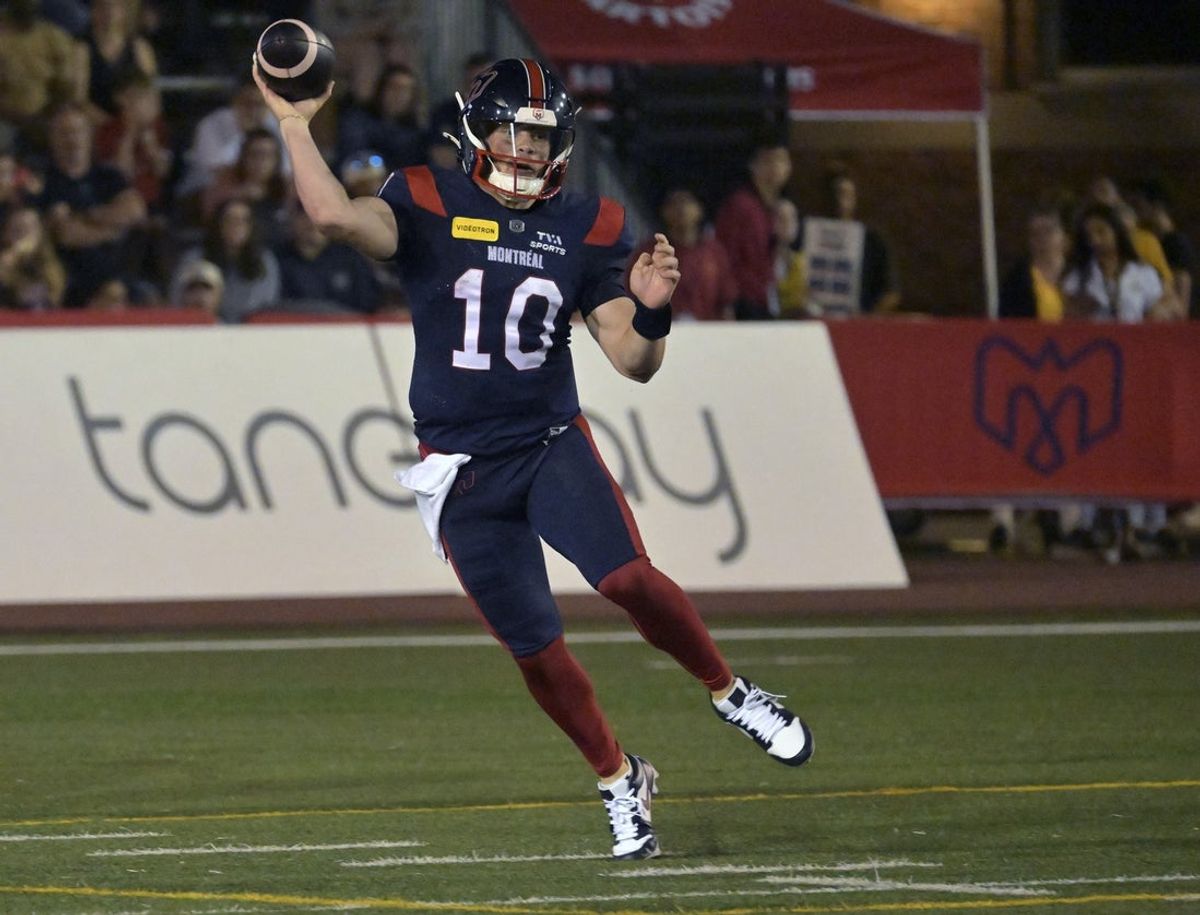 Jun 6, 2025; Montreal, Quebec, Canada; Montreal Alouettes quarterback  Davis Alexander (10) passes the ball during the second half against the Toronto Argonauts at Percival-Molson stadium. Mandatory Credit: Eric Bolte-Imagn Images