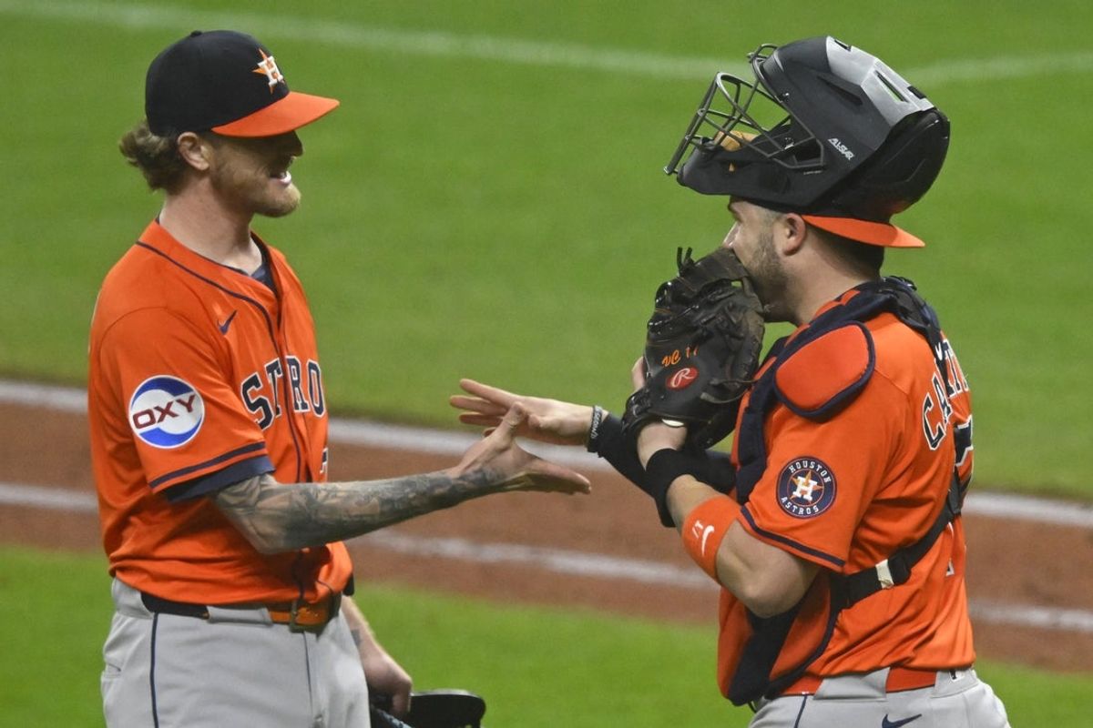 Jun 6, 2025; Cleveland, Ohio, USA; Houston Astros relief pitcher Josh Hader (71) and catcher Victor Caratini (17) celebrate a win over the Cleveland Guardians at Progressive Field. Mandatory Credit: David Richard-Imagn Images