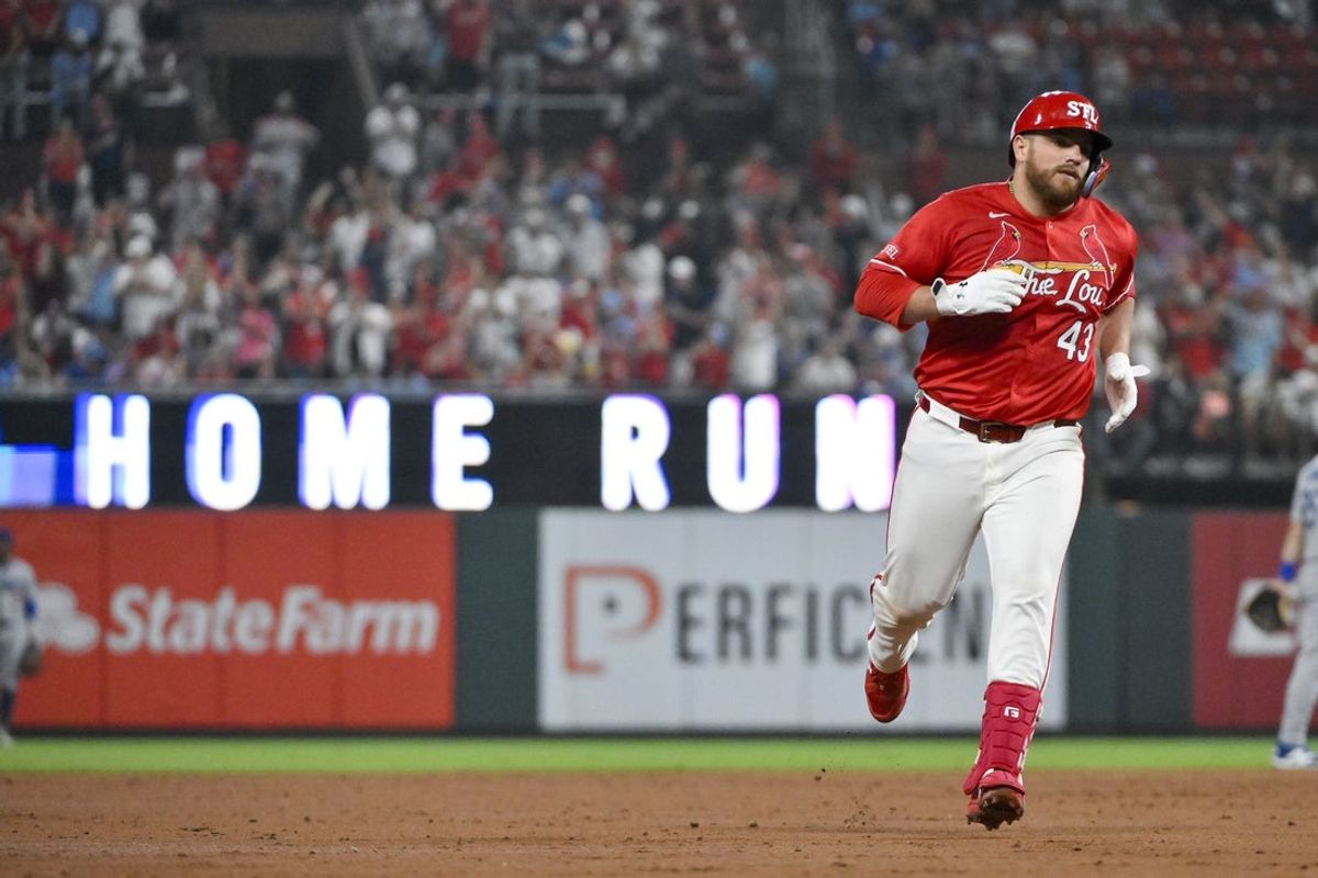 Jun 6, 2025; St. Louis, Missouri, USA;  St. Louis Cardinals catcher Pedro Pages (43) runs the bases after hitting a two run home run against the Los Angeles Dodgers during the second inning at Busch Stadium. Mandatory Credit: Jeff Curry-Imagn Images