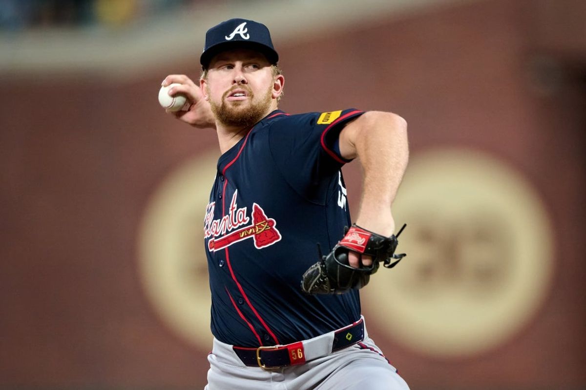 Jun 6, 2025; San Francisco, California, USA; Atlanta Braves starting pitcher Spencer Schwellenbach (56) throws a pitch against the San Francisco Giants during the fifth inning at Oracle Park. Mandatory Credit: Robert Edwards-Imagn Images