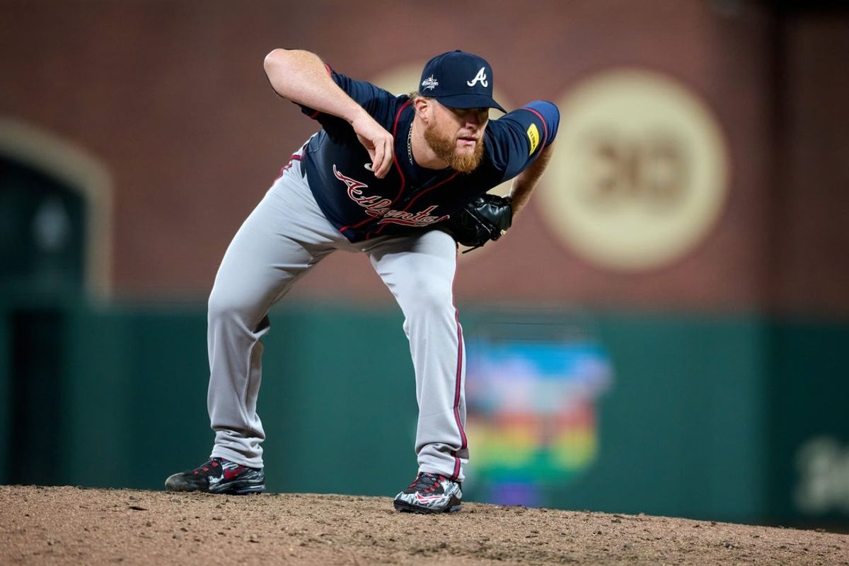 Jun 6, 2025; San Francisco, California, USA; Atlanta Braves pitcher Craig Kimbrel (46) looks at the catcher against the San Francisco Giants during the seventh inning at Oracle Park. Mandatory Credit: Robert Edwards-Imagn Images