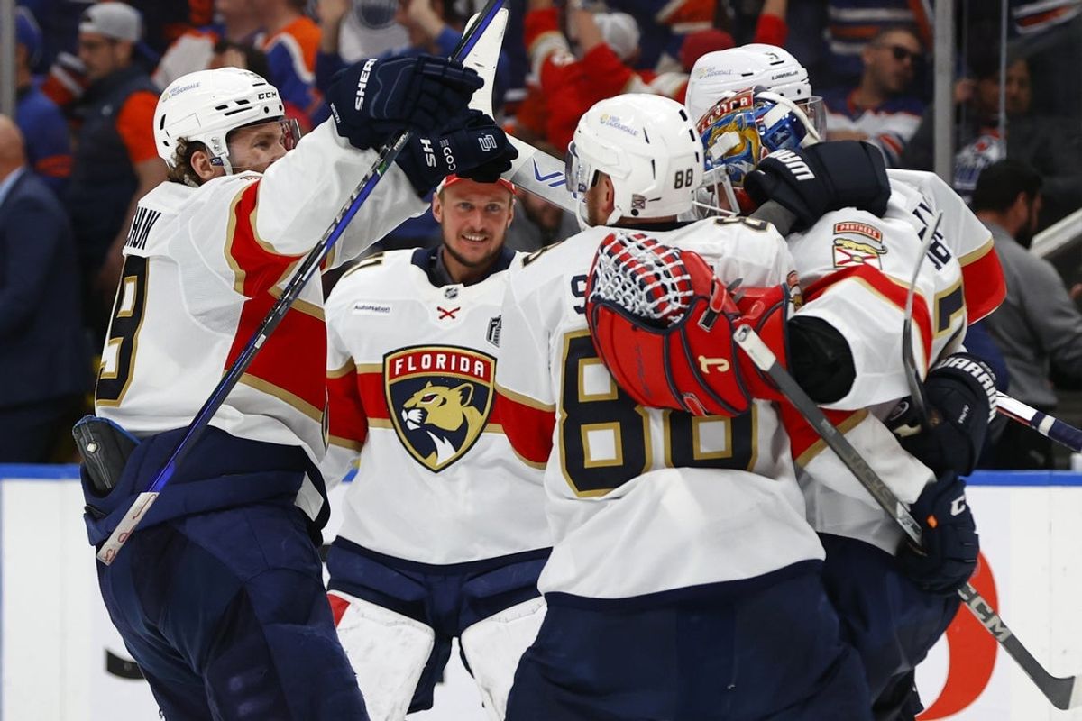Jun 6, 2025; Edmonton, Alberta, CAN; Florida Panthers center Brad Marchand (63) reacts after making the game winning goal against the Edmonton Oilers during double overtime in game two of the 2025 Stanley Cup Final at Rogers Place. Mandatory Credit: Perry Nelson-Imagn Images