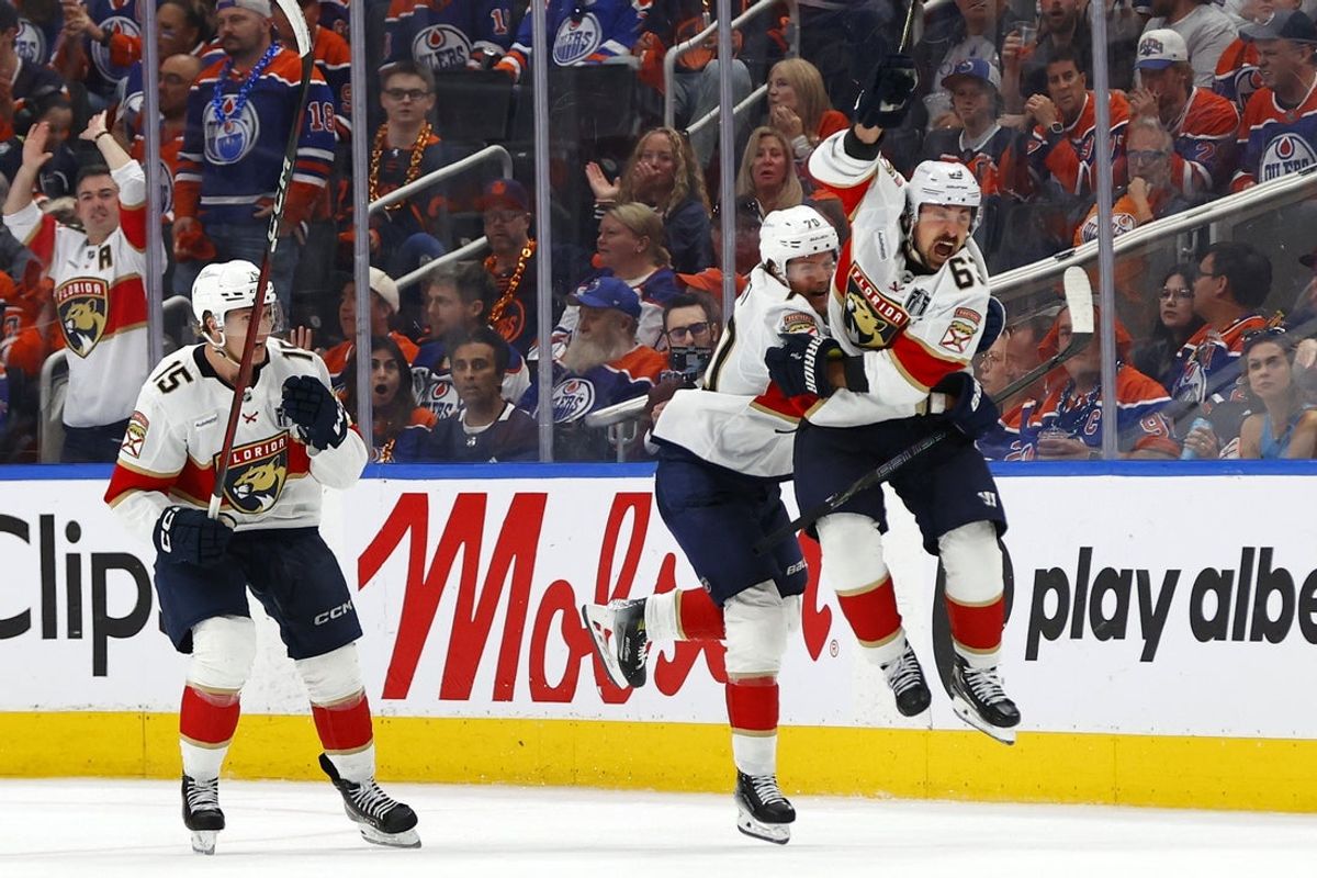 Jun 6, 2025; Edmonton, Alberta, CAN; Florida Panthers center Brad Marchand (63) reacts after making the game winning goal against the Edmonton Oilers during double overtime in game two of the 2025 Stanley Cup Final at Rogers Place. Mandatory Credit: Perry Nelson-Imagn Images