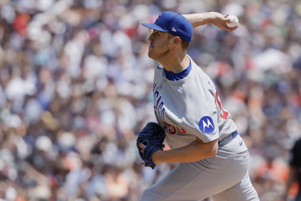 Jun 7, 2025; Detroit, Michigan, USA;  Chicago Cubs pitcher Jameson Taillon (50) pitches in the first inning against the Detroit Tigers at Comerica Park. Mandatory Credit: Rick Osentoski-Imagn Images