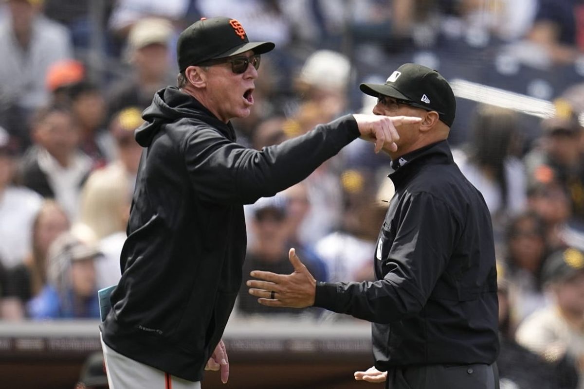 Mar 31, 2024; San Diego, California, USA; San Francisco Giants manager Bob Melvin (6) argues a call during the fourth inning against the San Diego Padres at Petco Park.