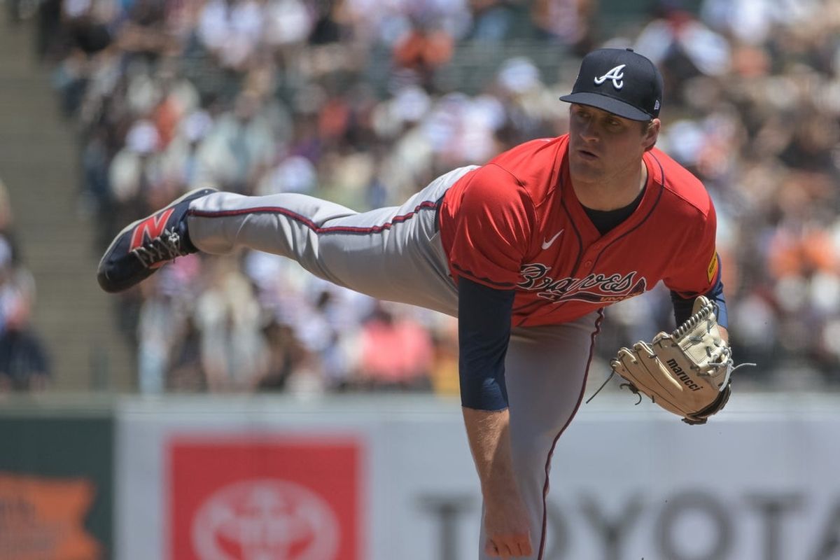 Jun 7, 2025; San Francisco, California, USA;  Atlanta Braves pitcher Bryce Elder (55) throws a pitch against the San Francisco Giants during the first inning at Oracle Park. Mandatory Credit: Ed Szczepanski-Imagn Images