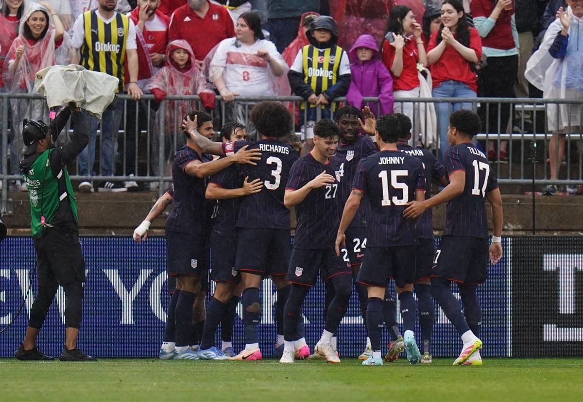 Jun 7, 2025; East Hartford, Connecticut, USA; Team USA celebrate their goal against Turkey in the first half at Pratt & Whitney Stadium at Rentschler Field. Mandatory Credit: David Butler II-Imagn Images