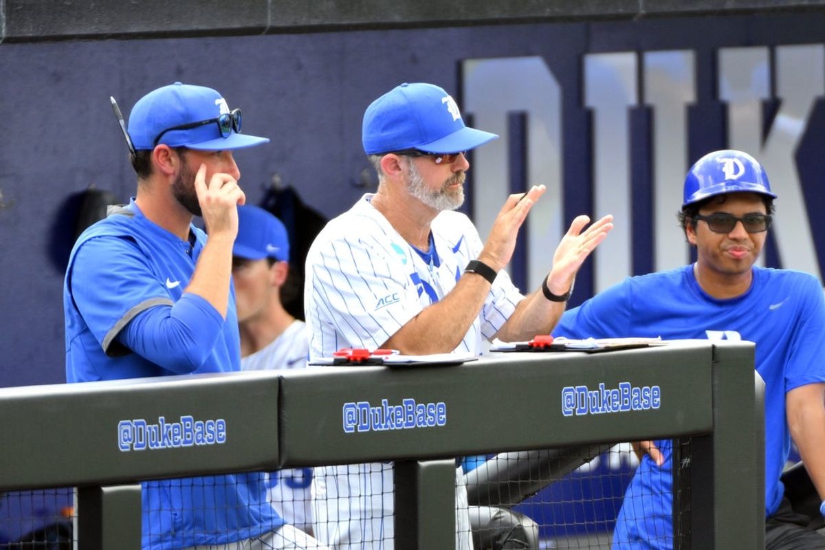 Jun 7, 2025; Durham, NC, USA;  Duke Blue Devils head coach Chris Pollard reacts to Blue Devils play against the Murray State Racers in the second inning. Mandatory Credit: Zachary Taft-Imagn Images