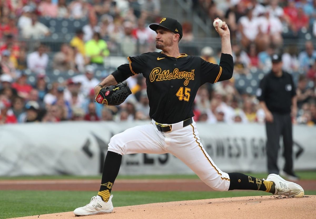 Jun 7, 2025; Pittsburgh, Pennsylvania, USA;  Pittsburgh Pirates starting pitcher Andrew Heaney (45) delivers a pitch against  the Philadelphia Phillies during the first inning at PNC Park. Mandatory Credit: Charles LeClaire-Imagn Images