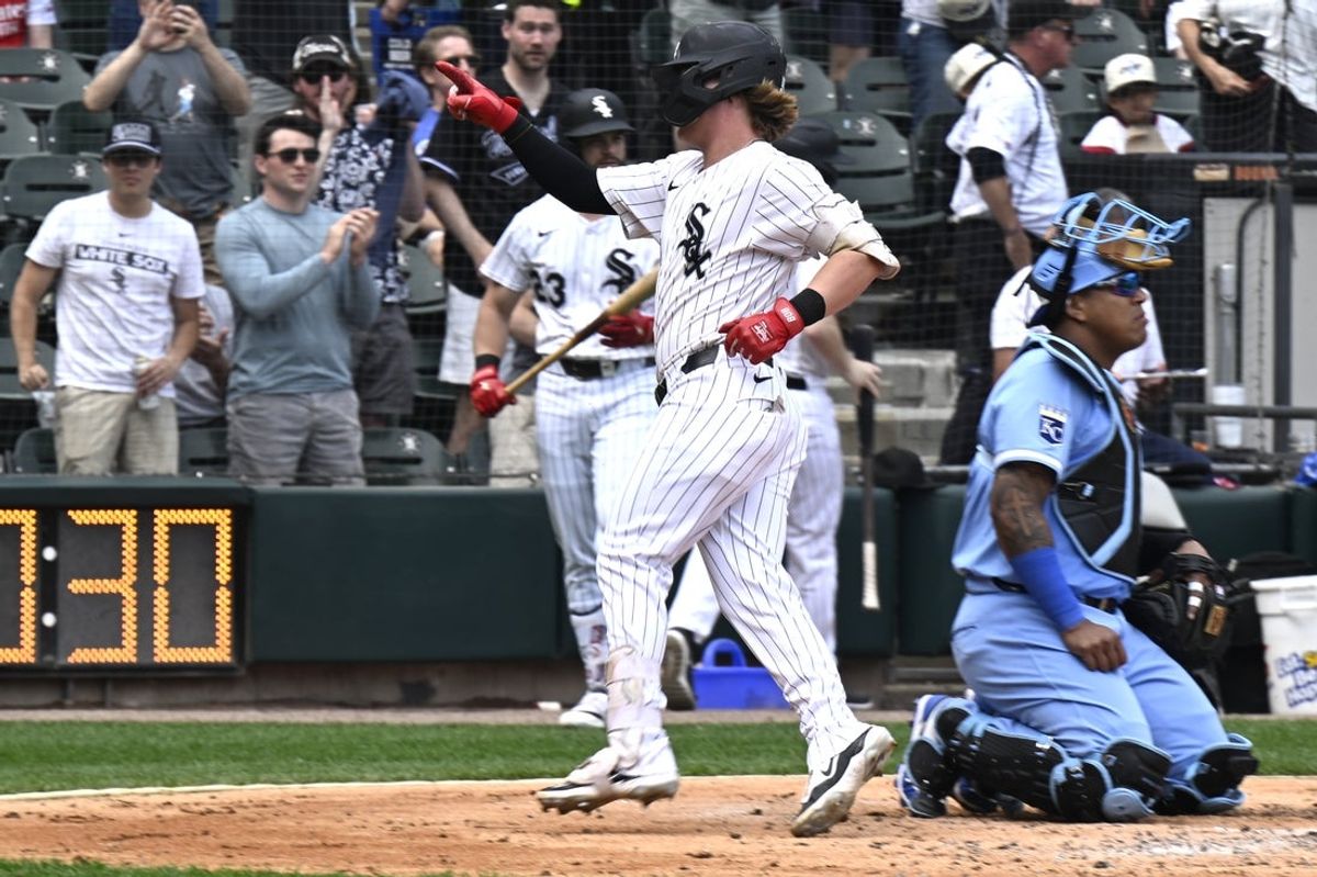 Jun 7, 2025; Chicago, Illinois, USA;  Chicago White Sox shortstop Chase Meidroth (10) points after hitting a home run against the Kansas City Royals during the third inning  at Rate Field. Mandatory Credit: Matt Marton-Imagn Images