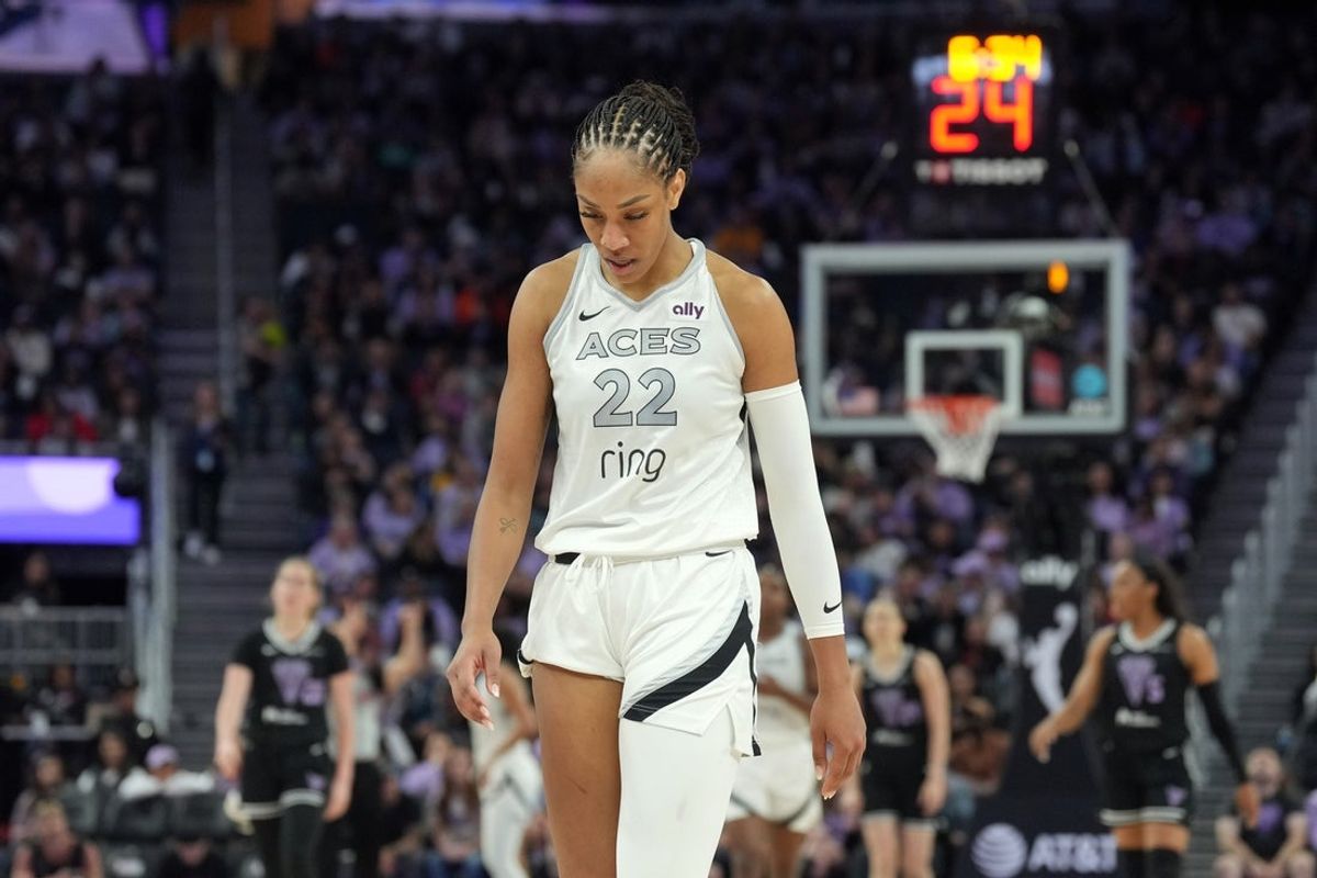 Jun 7, 2025; San Francisco, California, USA; Las Vegas Aces center A'ja Wilson (22) walks on the court during the fourth quarter against the Golden State Valkyries at Chase Center. Mandatory Credit: Darren Yamashita-Imagn Images