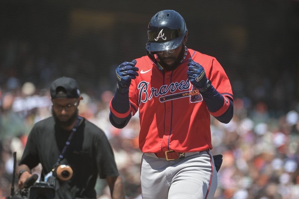 Jun 7, 2025; San Francisco, California, USA;  Atlanta Braves outfielder Michael Harris II (23) celebrates after hitting a home run against the San Francisco Giants during the fifth inning at Oracle Park. Mandatory Credit: Ed Szczepanski-Imagn Images