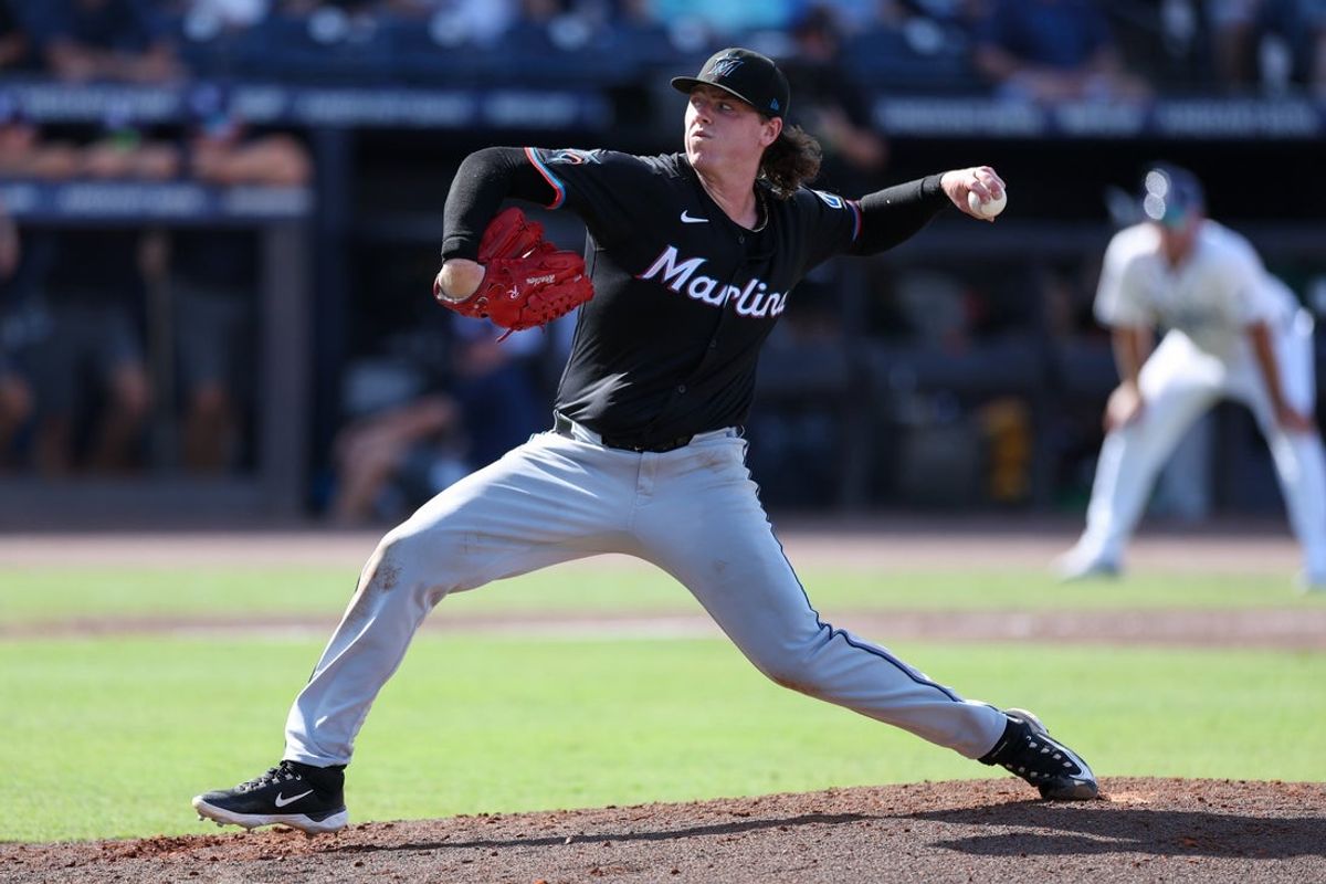 Jun 7, 2025; Tampa, Florida, USA; Miami Marlins starting pitcher Ryan Weathers (35) throws a pitch against the Tampa Bay Rays in the third inning at George M. Steinbrenner Field. Mandatory Credit: Nathan Ray Seebeck-Imagn Images