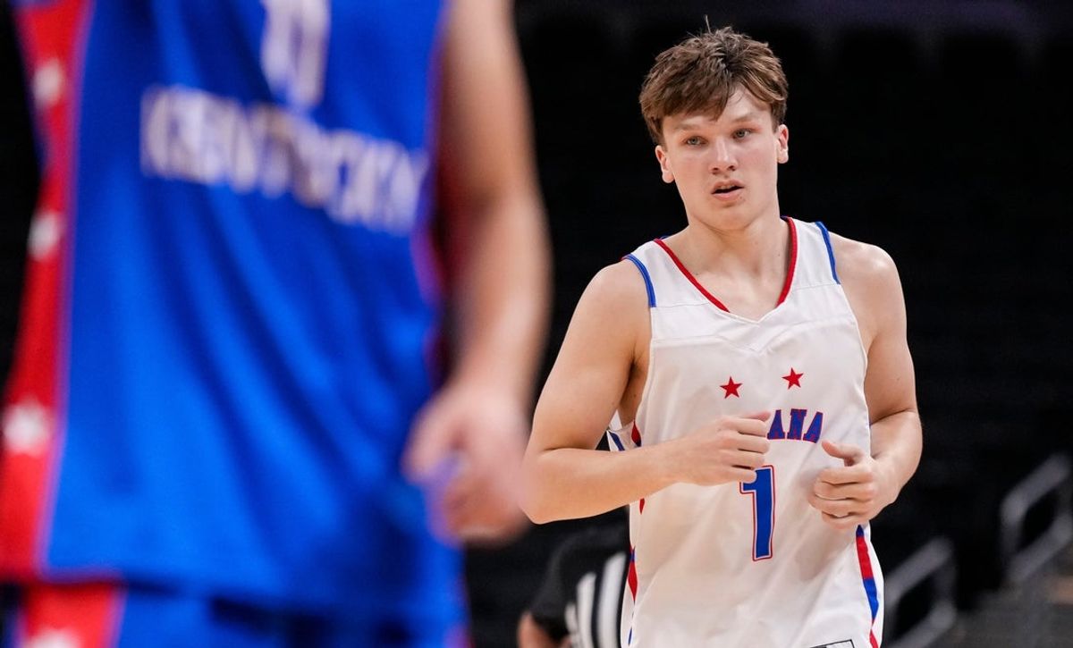 Indiana All-Star and Mr. Basketball Braylon Mullins (1) rushes up the court Saturday, June 7, 2025, during the Indiana vs. Kentucky All-Star game at Gainbridge Fieldhouse in Indianapolis.