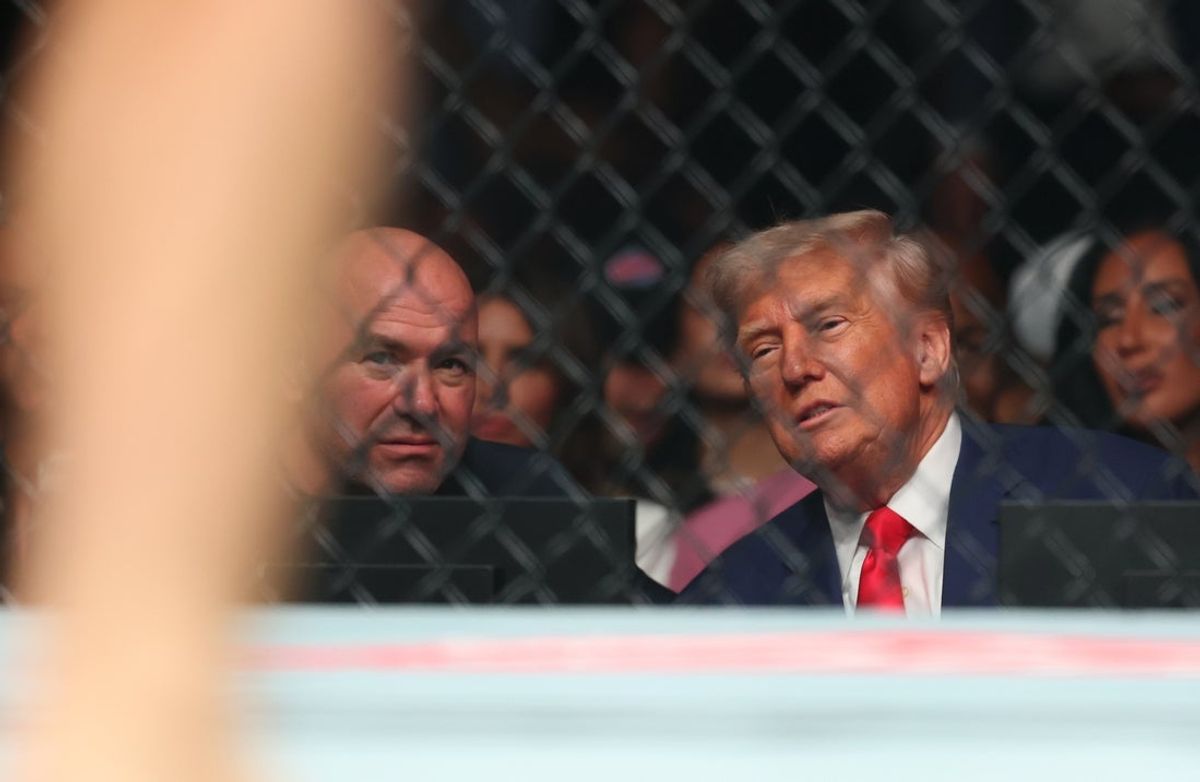 Jun 7, 2025; Newark, New Jersey, UNITED STATES; CEO of UFC Dana White talks with the President of the United States Donald Trump during UFC 316 at Prudential Center. Mandatory Credit: Vincent Carchietta-Imagn Images