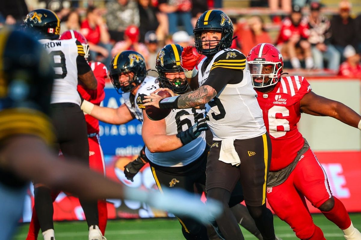 Jun 7, 2025; Calgary, Alberta, Canada; Hamilton Tiger-Cats quarterback Bo Levi Mitchell (19) looks to pass against the Calgary Stampeders during the second half at McMahon Stadium. Mandatory Credit: Sergei Belski-Imagn Images