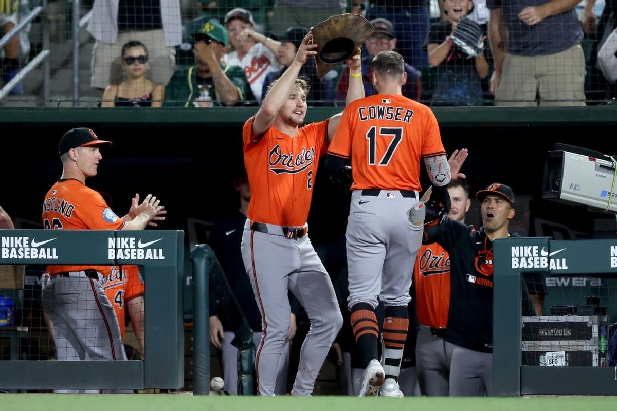 Jun 7, 2025; West Sacramento, California, USA; Baltimore Orioles center fielder Colton Cowser (17) celebrates with teammates after hitting a solo home run against the Athletics during the sixth inning at Sutter Health Park. Mandatory Credit: Dennis Lee-Imagn Images