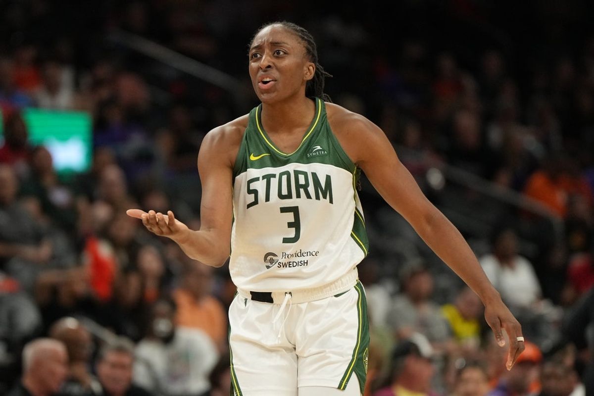Jun 7, 2025; Phoenix, Arizona, USA; Seattle Storm forward Nneka Ogwumike (3) reacts after scoring against the Phoenix Mercury in the second half at Footprint Center. Mandatory Credit: Rick Scuteri-Imagn Images
