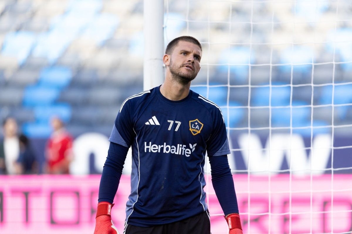 May 31, 2025; Carson, California, USA; Los Angeles Galaxy goalkeeper John McCarthy (77) during warm up against Real Salt Lake at Dignity Health Sports Park. Mandatory Credit: Bailey Holiver-Imagn Images