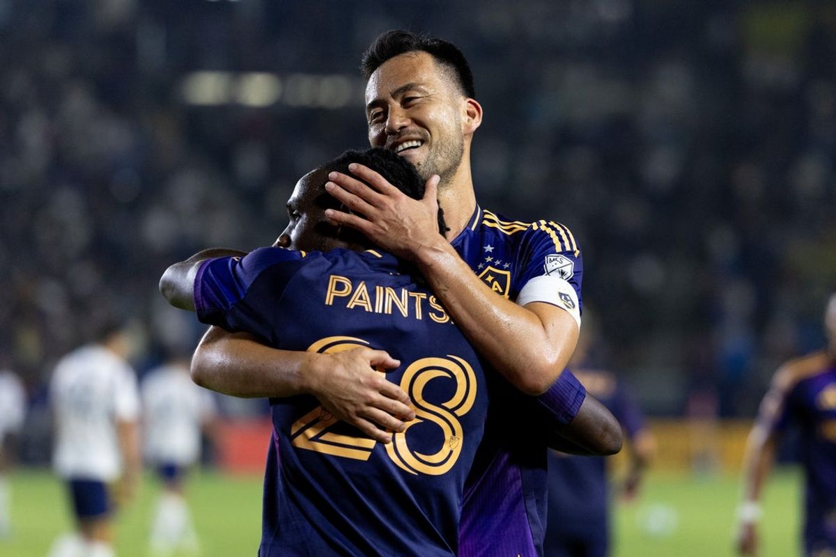 May 31, 2025; Carson, California, USA; Los Angeles Galaxy forward Joseph Paintsil (28) celebrate his goal with defender Maya Yoshida (4) during the second half against Real Salt Lake at Dignity Health Sports Park. Mandatory Credit: Bailey Holiver-Imagn Images