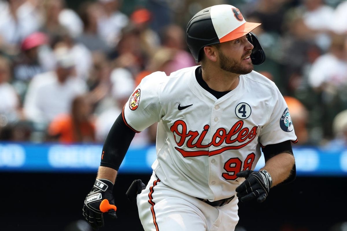 Jun 1, 2025; Baltimore, Maryland, USA; Baltimore Orioles catcher Maverick Handley (98) runs to first during the seventh inning against the Chicago White Sox at Oriole Park at Camden Yards. Mandatory Credit: Daniel Kucin Jr.-Imagn Images