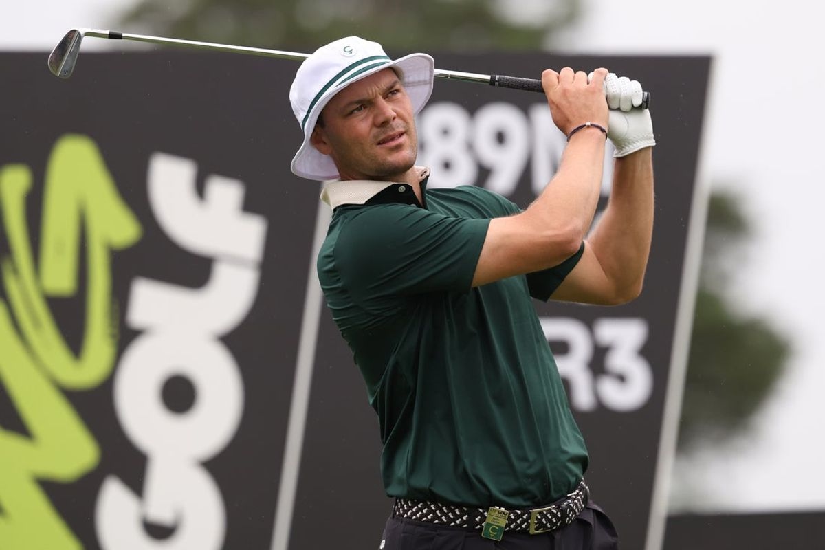 Jun 8, 2025; Gainesville, Virginia, USA; Martin Kaymer of team Cleeks Golf Club hits a tee shot on the fourth hole during the final round of the LIV Golf Virginia golf tournament at Robert Trent Jones Golf Club. Mandatory Credit: Geoff Burke-Imagn Images