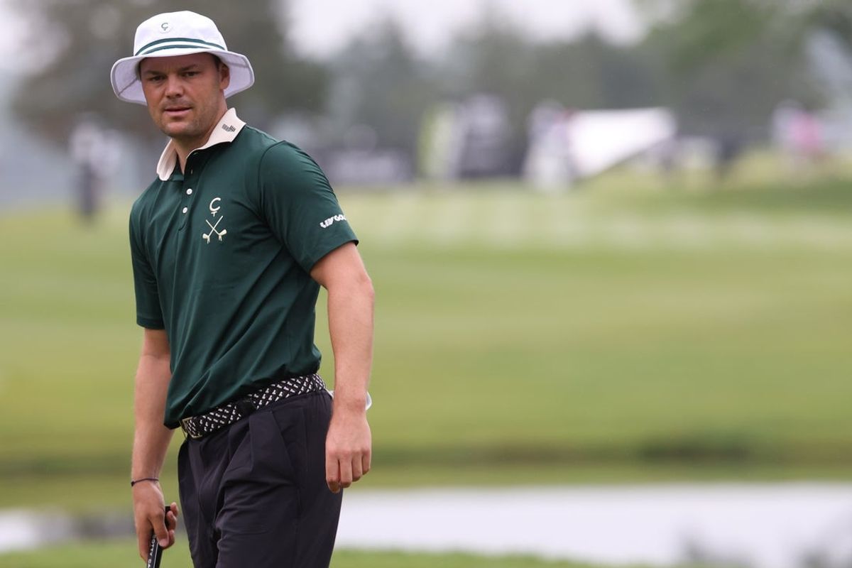 Jun 8, 2025; Gainesville, Virginia, USA; Martin Kaymer of team Cleeks Golf Club watches a putt on the fourth hole during the final round of the LIV Golf Virginia golf tournament at Robert Trent Jones Golf Club. Mandatory Credit: Geoff Burke-Imagn Images
