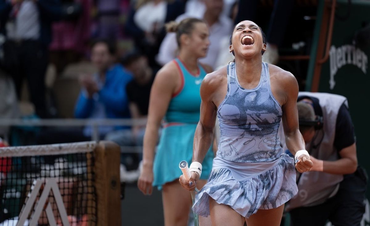 Jun 7, 2025; Paris, FR;  Coco Gauff of the United States celebrates winning the womenís singles final against Aryna Sabalenka on day 14 at Roland Garros Stadium. Mandatory Credit: Susan Mullane-Imagn Images