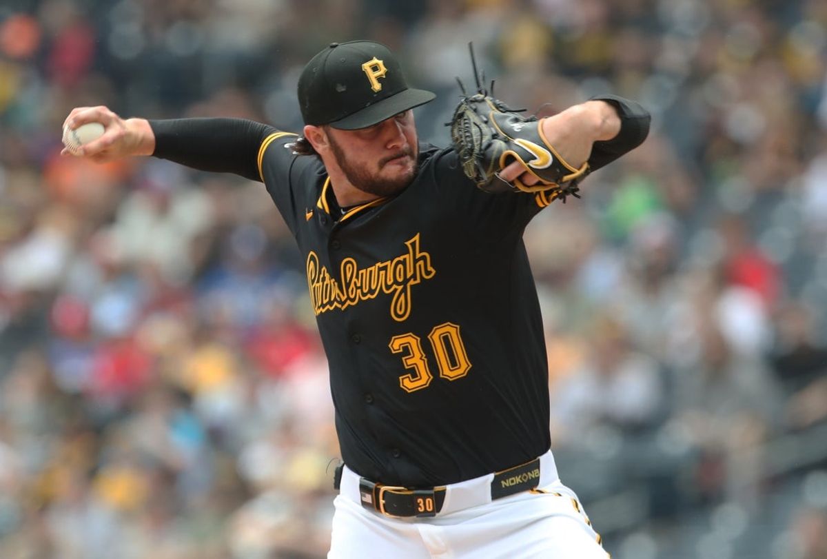 Jun 8, 2025; Pittsburgh, Pennsylvania, USA; Pittsburgh Pirates starting pitcher Paul Skenes (30) delivers a pitch against the Philadelphia Phillies during the first inning at PNC Park. Mandatory Credit: Charles LeClaire-Imagn Images