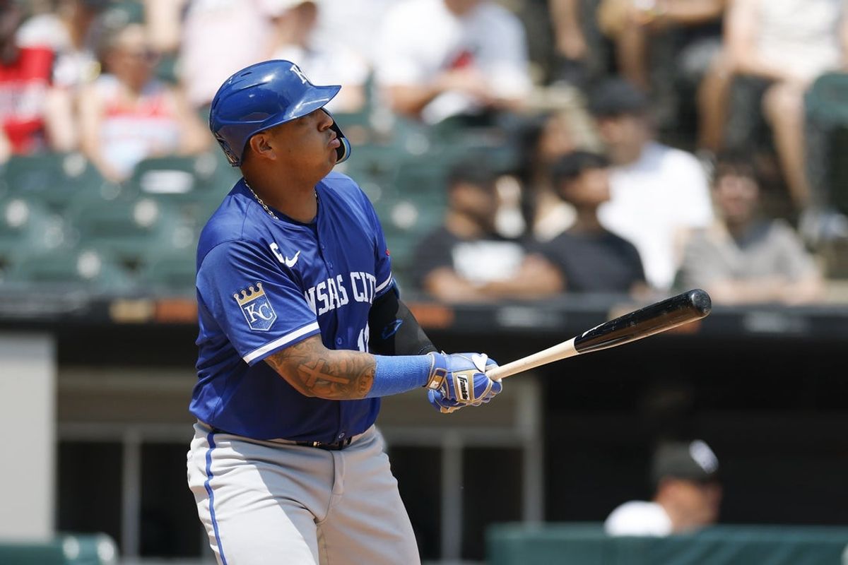Jun 8, 2025; Chicago, Illinois, USA; Kansas City Royals catcher Salvador Perez (13) hits a two-run home run against the Chicago White Sox during the fourth inning at Rate Field. Mandatory Credit: Kamil Krzaczynski-Imagn Images
