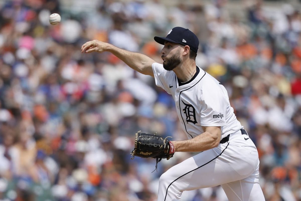 Jun 8, 2025; Detroit, Michigan, USA;  Detroit Tigers pitcher Brenan Hanifee (75) pitches in the seventh inning against the Chicago Cubs at Comerica Park. Mandatory Credit: Rick Osentoski-Imagn Images