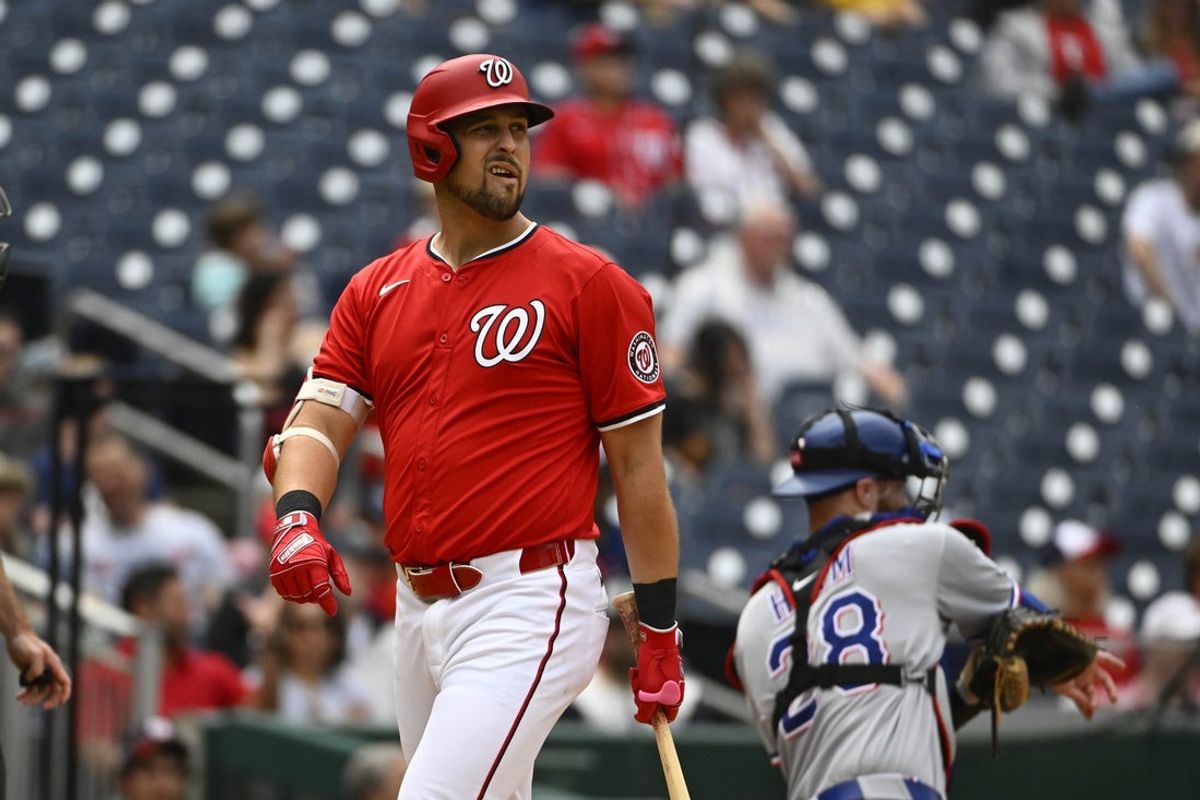Jun 8, 2025; Washington, District of Columbia, USA; Washington Nationals first baseman Nathaniel Lowe (33) reacts after striking out against the Texas Rangers during the second inning at Nationals Park. Mandatory Credit: Brad Mills-Imagn Images