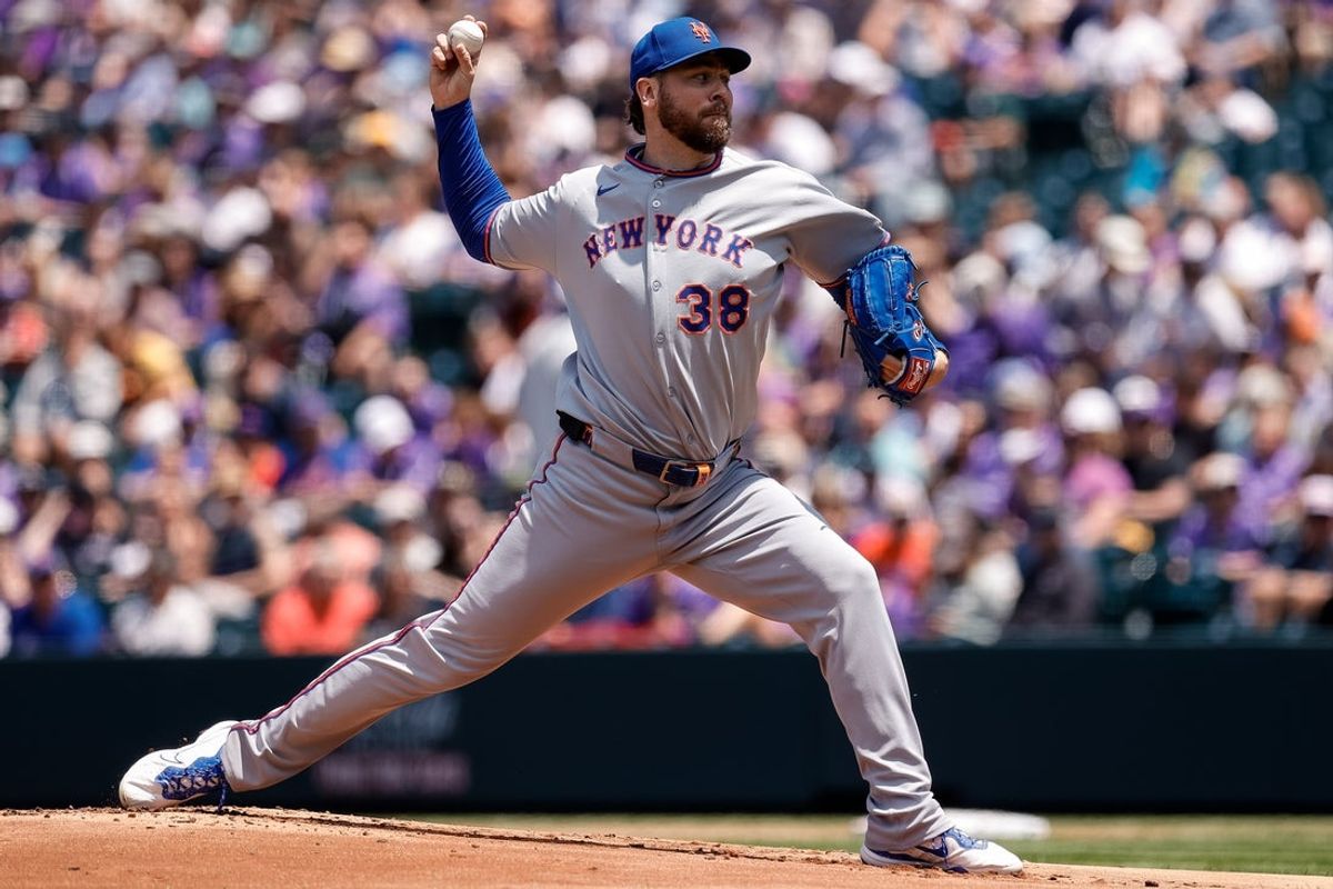 Jun 8, 2025; Denver, Colorado, USA; New York Mets starting pitcher Tylor Megill (38) pitches in the first inning against the Colorado Rockies at Coors Field. Mandatory Credit: Isaiah J. Downing-Imagn Images